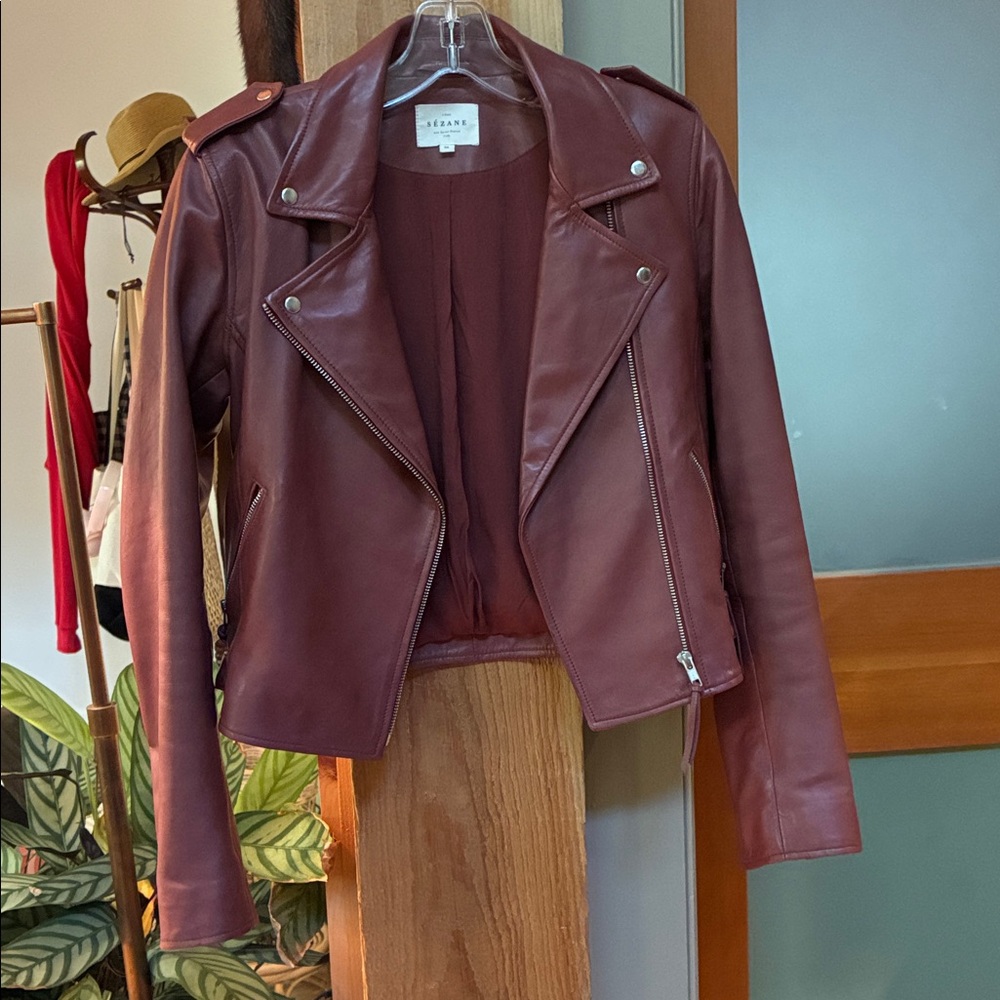 Sezane Zip Burgundy Leather Moto Jacket